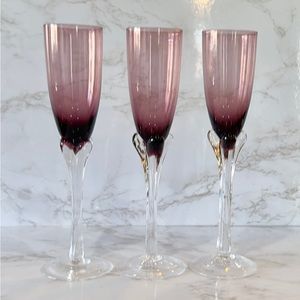 Set of Three Handblown Amethyst Purple Clear Stem Champagne Glasses Flutes GORG!